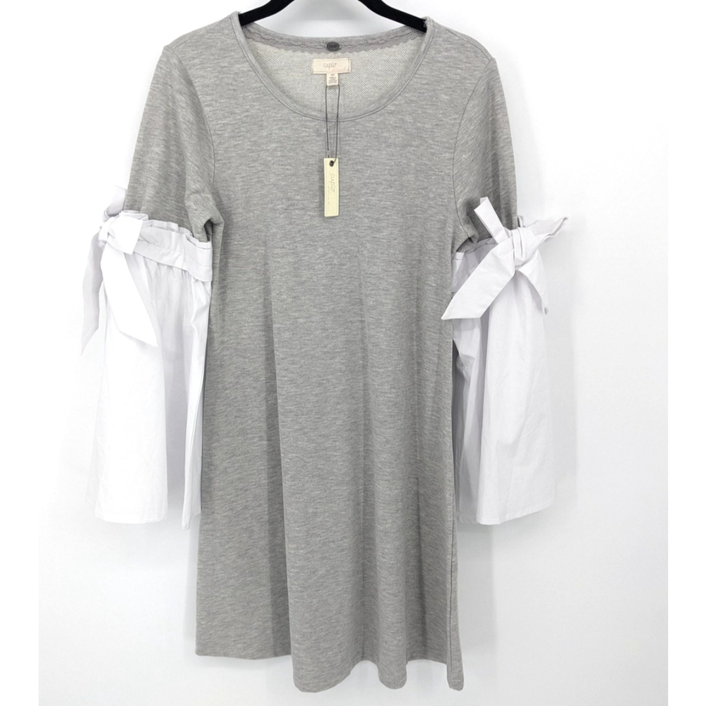 Cupio Dress‎ Womens Small Heather Gray Contrast Tie Bell Sleeve Academia NWT